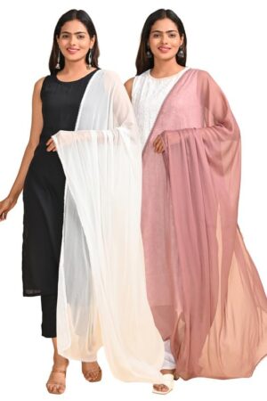 HELLA FASHIONS 2.5 Meter Pack of 2 Solid Chiffon Dupattas with Scallop Crochet Lace on All Sides
