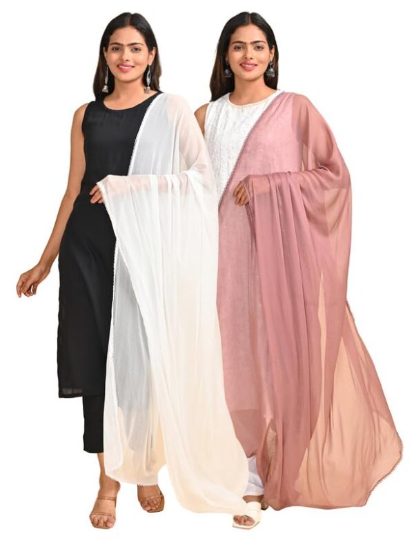 HELLA FASHIONS 2.5 Meter Pack of 2 Solid Chiffon Dupattas with Scallop Crochet Lace on All Sides