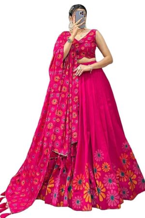 KARMNISTH Women's Wedding Special Floral Print With Tussar Sillk Lehenga Choli Set