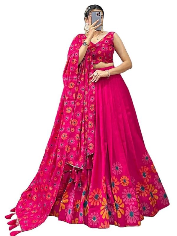 KARMNISTH Women's Wedding Special Floral Print With Tussar Sillk Lehenga Choli Set