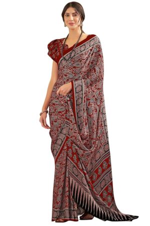 SAREE MALL Women's Ajrkh Print Satin Crepe Polka Dot Printed Saree With Unstitched Blouse Piece