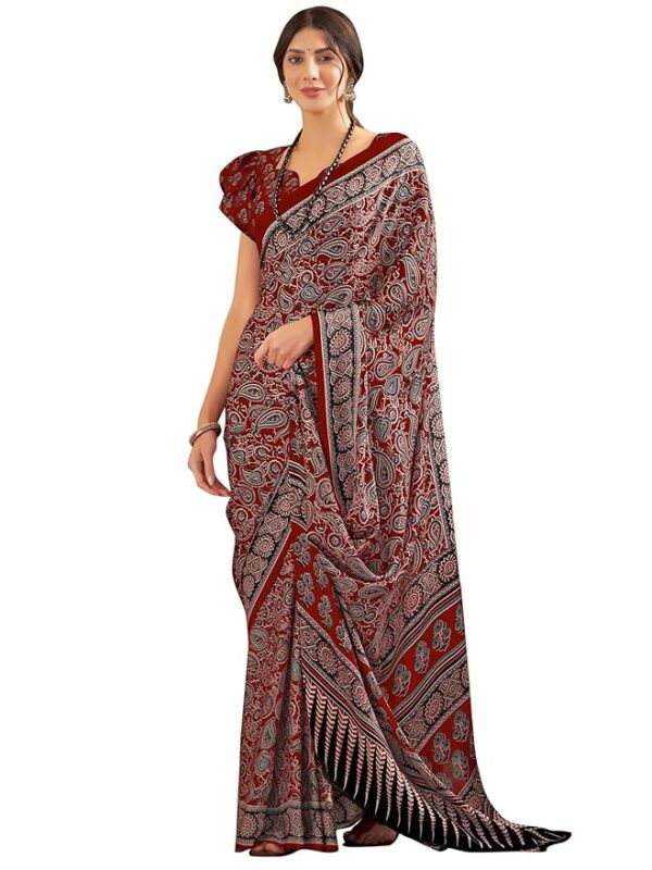 SAREE MALL Women's Ajrkh Print Satin Crepe Polka Dot Printed Saree With Unstitched Blouse Piece