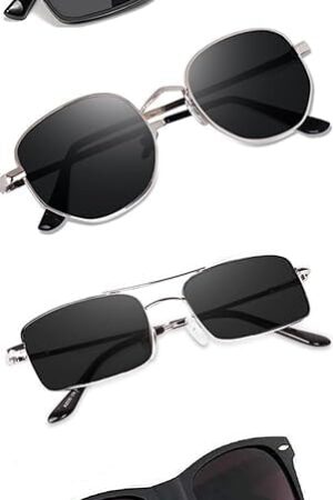 Sheomy Unisex Combo offer pack of 4 shades glasses White Black Candy MC stan Rectangular Retro Vintage Narrow Non-Polarized Sunglasses Small Narrow Square Sun Glasses Combo offer pack (Medium)