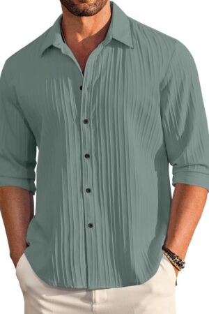 FINIVO FASHION Men's Casual Cotton Plain Button Down Shirt Long Sleeve Textured Summer Beach Shirt for Men
