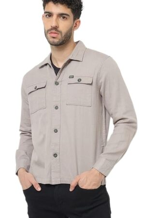 The Indian Garage Co Men's Cotton Slim Fit Placement Print Full Sleeves Cutaway Collar Double Flap Pocket Casual Over Shirt