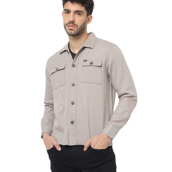 The Indian Garage Co Men's Cotton Slim Fit Placement Print Full Sleeves Cutaway Collar Double Flap Pocket Casual Over Shirt