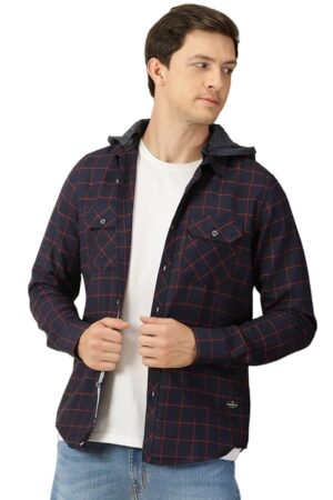 Thomas Scott Men's Classic Hood Collar Tartan Checks Casual Shirt Navy