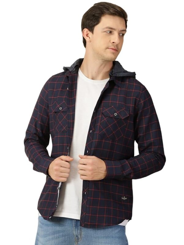 Thomas Scott Men's Classic Hood Collar Tartan Checks Casual Shirt Navy